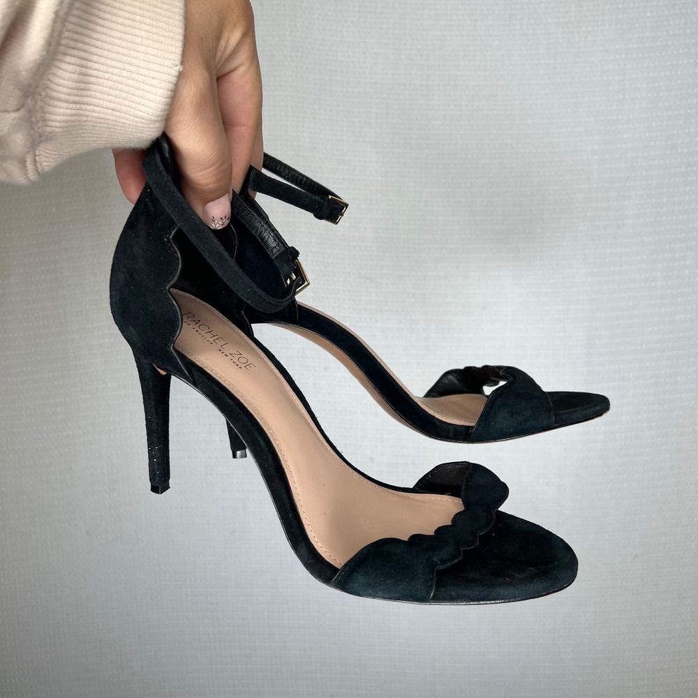 Rachel Zoe Ava Heel Black Suede Ankle Strap Heels Stilettos Ruffle Detail 6.5‎
